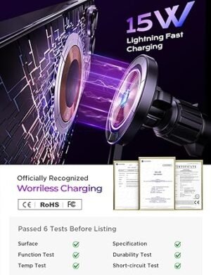 LISEN for 15W MagSafe Car Mount ChargerMagnetic Wireless Car Charger for iPhone 16 Pro Max AccessoriesMagnetic Phone Holder for iPhone 16e 15 14 13 12Samsung with MagSafeGifts for Men Women