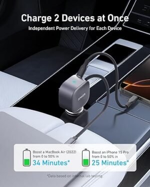 Anker USBC Car Charger 75W Max UltraCompact TypeC Fast Car Charger with Builtin Retractable Cable Car Adapter for iPhone 1514 Series Samsung S24S23 MacBookProAir iPad and More