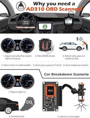 ANCEL AD310 Classic Enhanced Universal OBD II Scanner Car Engine Fault Code Reader CAN Diagnostic Scan Tool Read and Clear Error Codes for 1996 or Newer OBD2 Protocol Vehicle (Black)