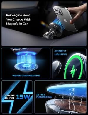 LISEN for 15W MagSafe Car Mount ChargerMagnetic Wireless Car Charger for iPhone 16 Pro Max AccessoriesMagnetic Phone Holder for iPhone 16e 15 14 13 12Samsung with MagSafeGifts for Men Women