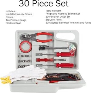 Roadside Emergency Car Kit 30Piece Road Trip Essentials Tool Set with Jumper Cables and Carrying Case for Car Truck or RV by Stalwart