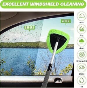 Baderke 8 Pcs Car Window Cleaner Kit Include Windshield Cleaning Tool with Extendable Handle 5 Microfiber Bonnets 1 Car Ventilation Brush 1 Empty 50ml Spray Bottle Glass Wiper Kit(Sage Green19 cm)